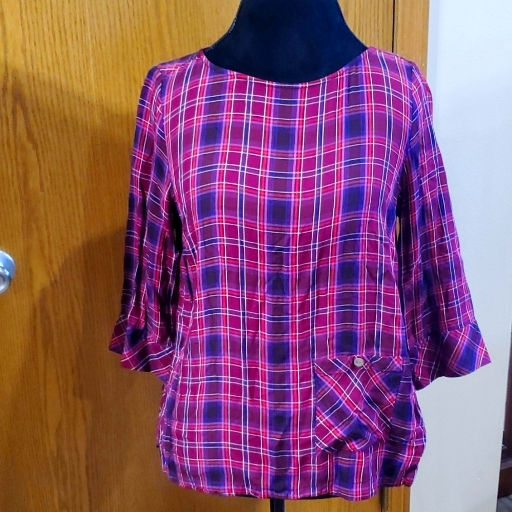J Jill purple pink plaid rayon 3/4 sleeve top